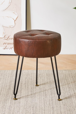 Faux Leather Round Footrest Stool, Makeup Vanity Stool Side Table, PU Dressing Table Seat, Pouf Couch Stool, Golden Steel Legs, Dark Brown LG-31Z