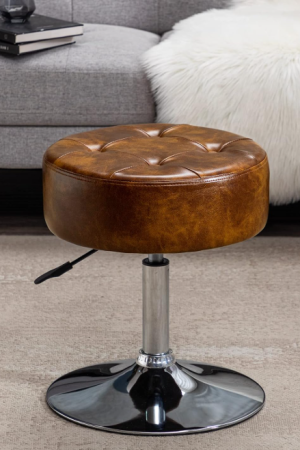 Faux Leather Vanity Chair, Swivel Makeup Stool Living Room Chair Upholstered Round Ottoman Stool Chair for Bedroom Entryway, Yellowish Brown