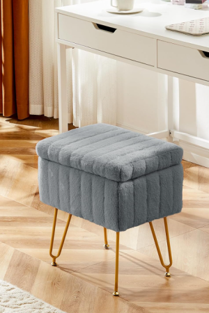 Vanity Stool Chair with Storage, Ottoman Faux Fur Soft Padded Makeup Footstools Seat with 4 Metal Legs Anti-Slip Adjustable Feet Modern Cute Small Footrest for Home Entryway Bedroom Pink