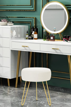 Multifunctional Vanity Stools - Velvet Round Ottoman Modern Dressing Stool -Upholstered Footrest Stool - Side Table Footstool with Golden Metal Leg for Living Room, Bedroom(Beige)