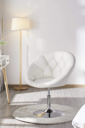 Vanity Chair Makeup Swivel Accent Chair Height Adjustable Round Back Tilt Chair with Chrome Frame for Makeup Room, Living Room, White