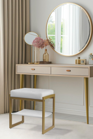 Vanity Stool, Faux Leather Vanity Chair Stool for Dressing Table, Modern Gold Metal Footstool Ottoman for Bedroom & Living Room, White & Gold
