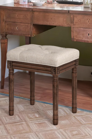 Upholstered Fabric Vanity Bench Seat, Makeup Stools for Vanity, Square Tufted Ottoman Bench with Carved Dark Brown Legs for Bedroom Living Room, Linen Color